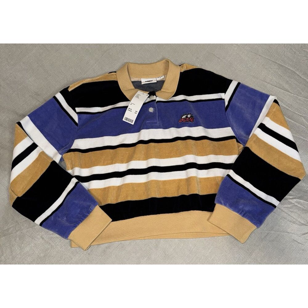 NWT New Obey Sweater Women's Striped Fuzzy Knit Pullover Collared Medium